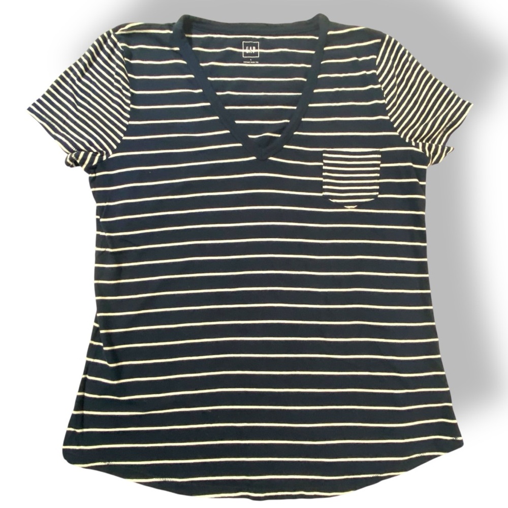 GAP Navy Stripe Vintage Wash Tee L – V-Neck, Pocket, 100% Cotton